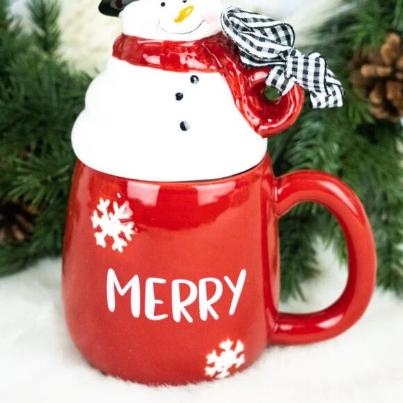 Merry Red Mug with Snowman Lid NIP - Picture 1 of 2